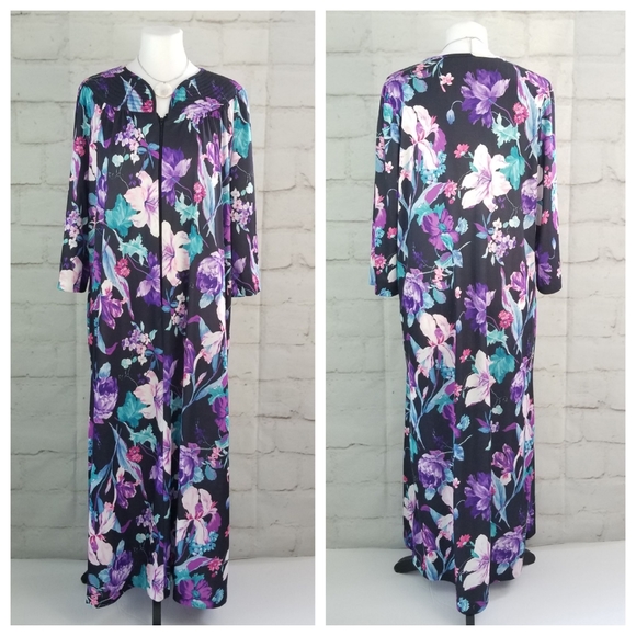 Vintage M/L Black Floral 3/4 Sleeve Maxi Muumuu House Dress 1/2 Zip Pullover - Picture 8 of 8